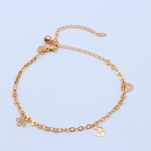 "Rose Gold Anklet with Flower & Peace Charms, XPAL1171 - Picture 11 of 12